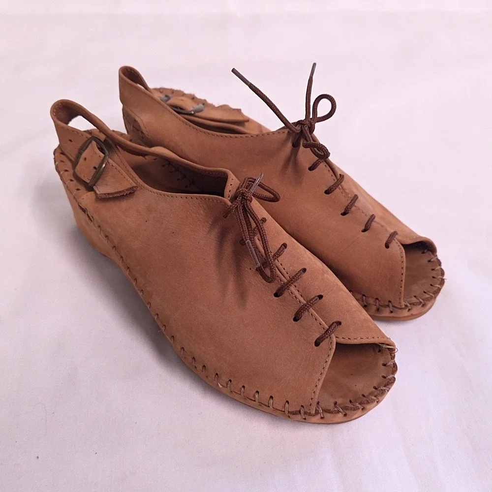 La Plume Wedge Sandals Womens 39 Tan Leather Lace Up Peep Toe Slingback Italy